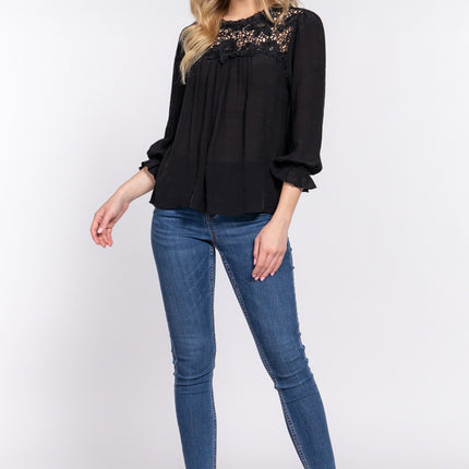 ACTIVE BASIC Crochet Lace Panel Flounce Sleeve Blouse