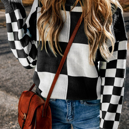 Checkered Round Neck Drop Shoulder Sweater