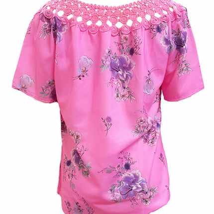 Full Size Printed Tie Neck Short Sleeve Blouse