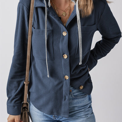Drawstring Button Up Long Sleeve Hooded Jacket - Vickie Lynn's