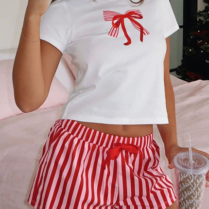 Printed Round Neck Short Sleeve Top and Drawstring Shorts Set