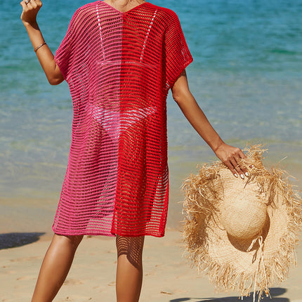 Double Take Openwork Contrast Slit Knit Cover Up