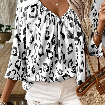 Leopard V-Neck Three-Quarter Sleeve Blouse