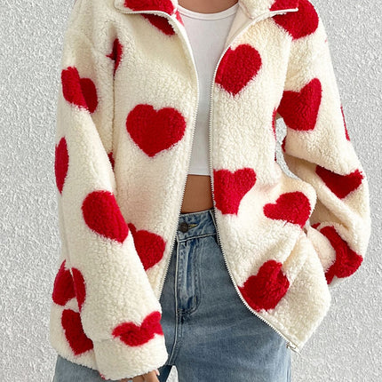 Heart Zip Up Drop Shoulder Furry Jacket