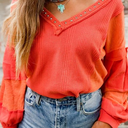 Studded Waffle-Knit V-Neck Long Sleeve Top