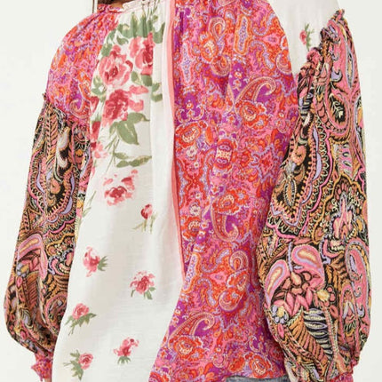 Frill Floral Shirred Cuff Long Sleeve Blouse