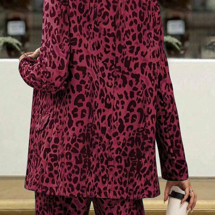 Full Size Leopard Lapel Collar Long Sleeve Blazer and Pants Set