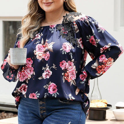 Plus Size Floral Flounce Sleeve Blouse