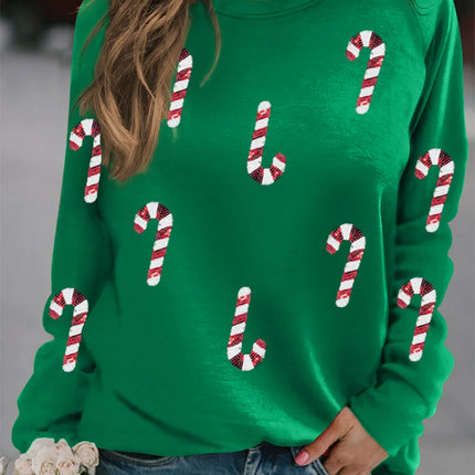 Candy Cane Round Neck Long Sleeve Sweatshirt - Vickie Lynn's