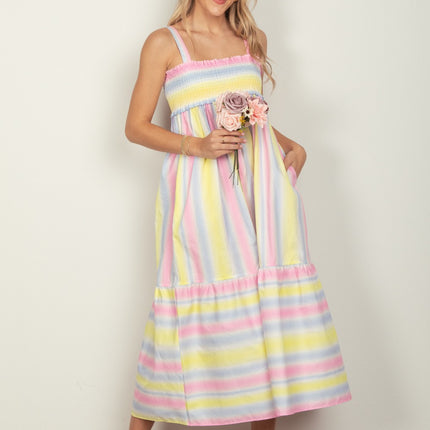 VERY J Striped Woven Smocked Midi Cami Dress