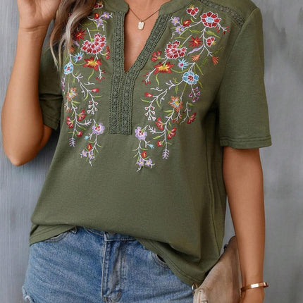 Embroidered Notched Short Sleeve T-Shirt