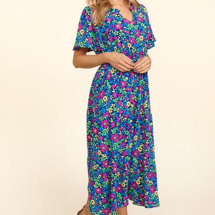 Haptics Printed Notched Short Sleeve Dress with Pockets