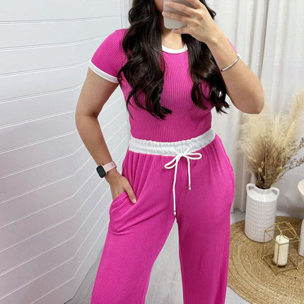 Contrast Trim Round Neck Top and Pants Set