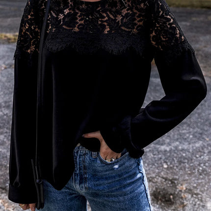 Lace Round Neck Long Sleeve Blouse