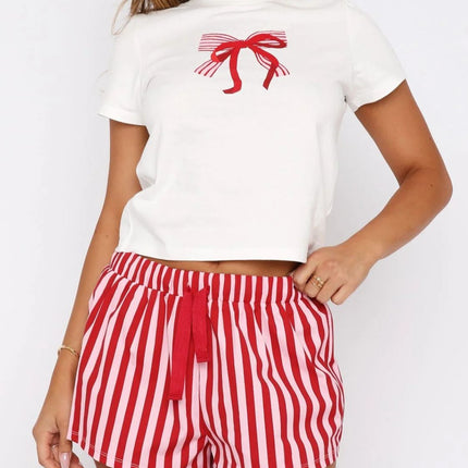 Printed Round Neck Short Sleeve Top and Drawstring Shorts Set