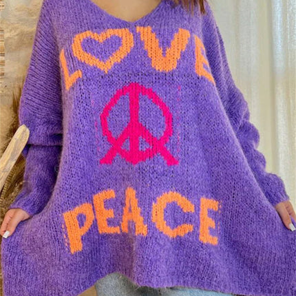 Peace Graphic V-Neck Long Sleeve Sweater