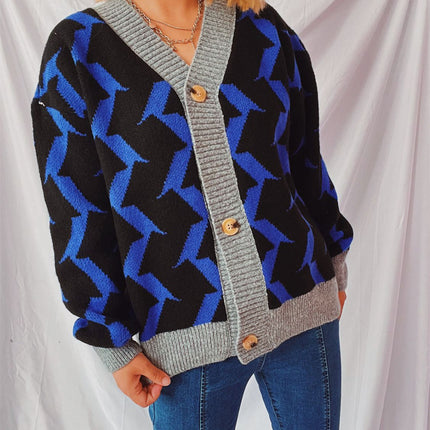 Contrast Trim Geometric V-Neck Long Sleeve Cardigan