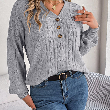 Cable-Knit V-Neck Long Sleeve Sweater