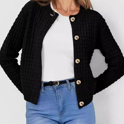 Button Up Round Neck Long Sleeve Cardigan