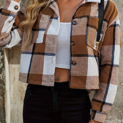 Plaid Collared Neck Cropped Jacket