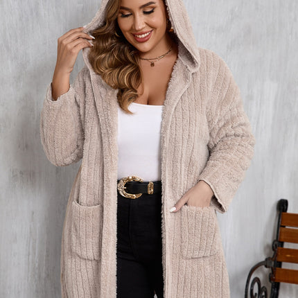 Plus Size Open Front Long Sleeve Hooded Fuzzy Jacket