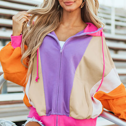 Drawstring Color Block Zip Up Long Sleeve Hoodie