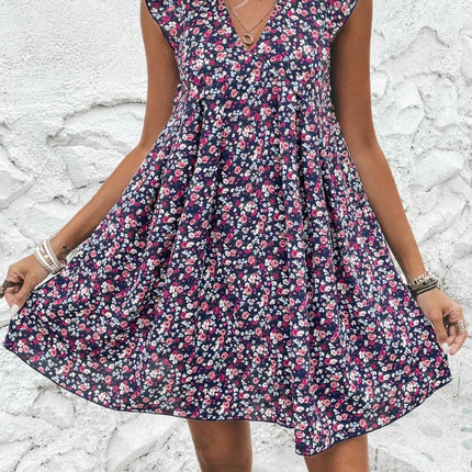 Printed V-Neck Cap Sleeve Mini Dress