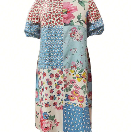 Patchwork Printed Round Neck Midi Dress