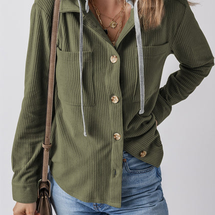 Drawstring Button Up Long Sleeve Hooded Jacket - Vickie Lynn's