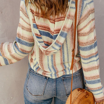 Contrast Striped Dropped Shoulder Hooded Knit Top