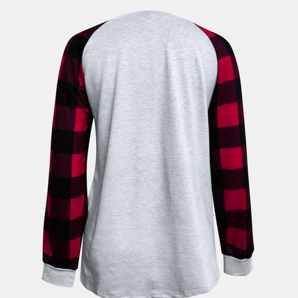 Full Size Graphic Plaid Round Neck Long Sleeve T-Shirt