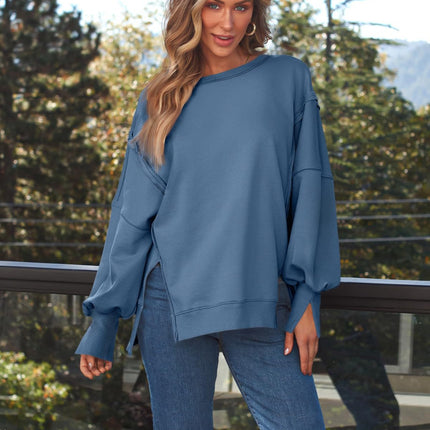 Slit Round Neck Long Sleeve Sweatshirt - Vickie Lynn's
