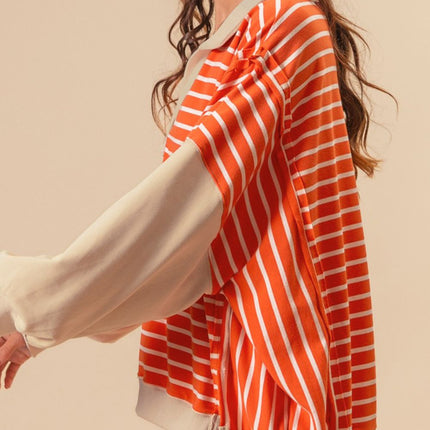 Striped Johnny Collar Long Sleeve Sweatshirt - Vickie Lynn's