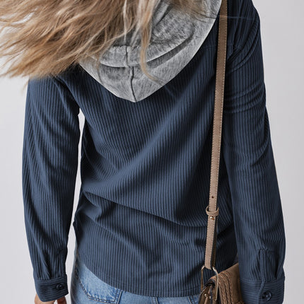 Drawstring Button Up Long Sleeve Hooded Jacket - Vickie Lynn's