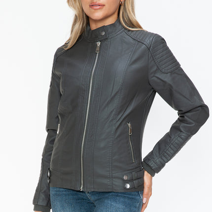 Snobbish Faux Leather Biker Jacket with Side Zip Pockets