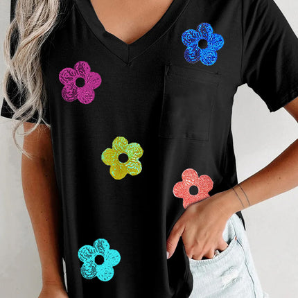 Sequin Flower V-Neck Short Sleeve T-Shirt