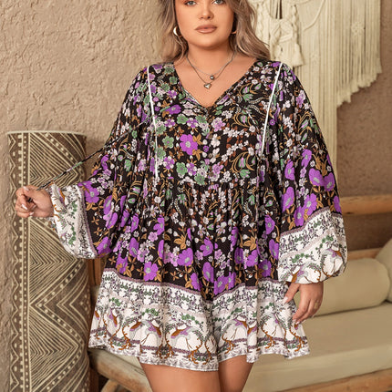 Plus Size Printed Tie Neck Mini Dress