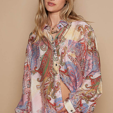 POL Button-Down Long Sleeve Paisley Print Shirt