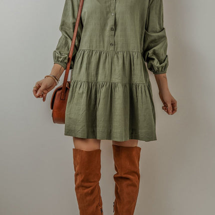 Tiered Collared Neck Balloon Sleeve Shirt Dress