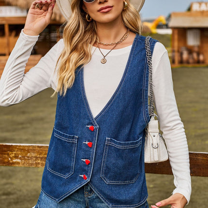 Pocketed Button Up Sleeveless Denim Jacket