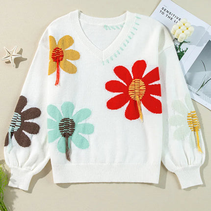 Flower V-Neck Dropped Shoulder Sweater