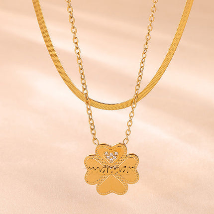 2 Piece 18K Gold-Plated Inlaid Zircon Lucky Clover Necklace