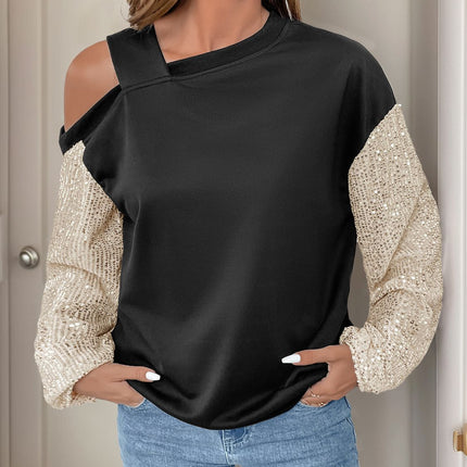 Perfee Sequin Asymmetrical Neck Long Sleeve Sweatshirt