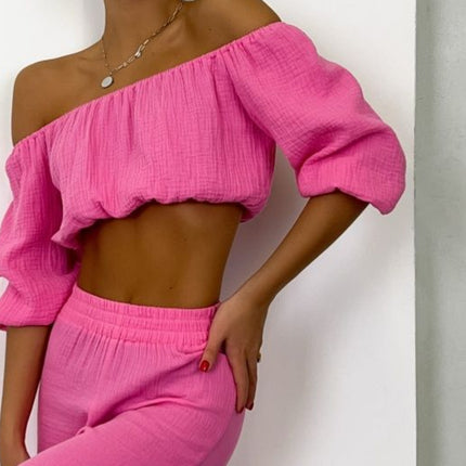 Off Shoulder Long Sleeve Top and Pants Set