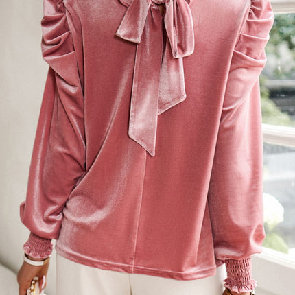 Tie Up Mock Neck Velvet Fabric Long Sleeve Blouse