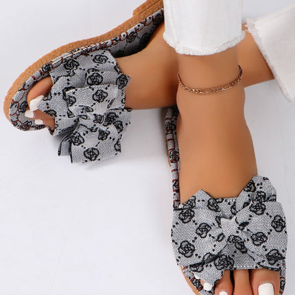 Bow Printed Open Toe Flat Sandals