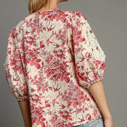 Umgee Floral Pleated Detail Lace Trim Sleeve Blouse