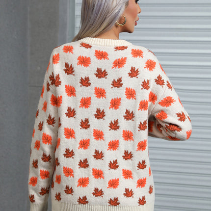 Angel Wings Maple Leaf Round Neck Long Sleeve Sweater