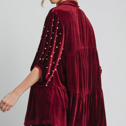 Umgee Pearl Detail Collared Neck Velvet Babydoll Blouse