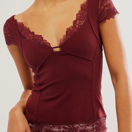 Lace Detail V-Neck Cap Sleeve Top